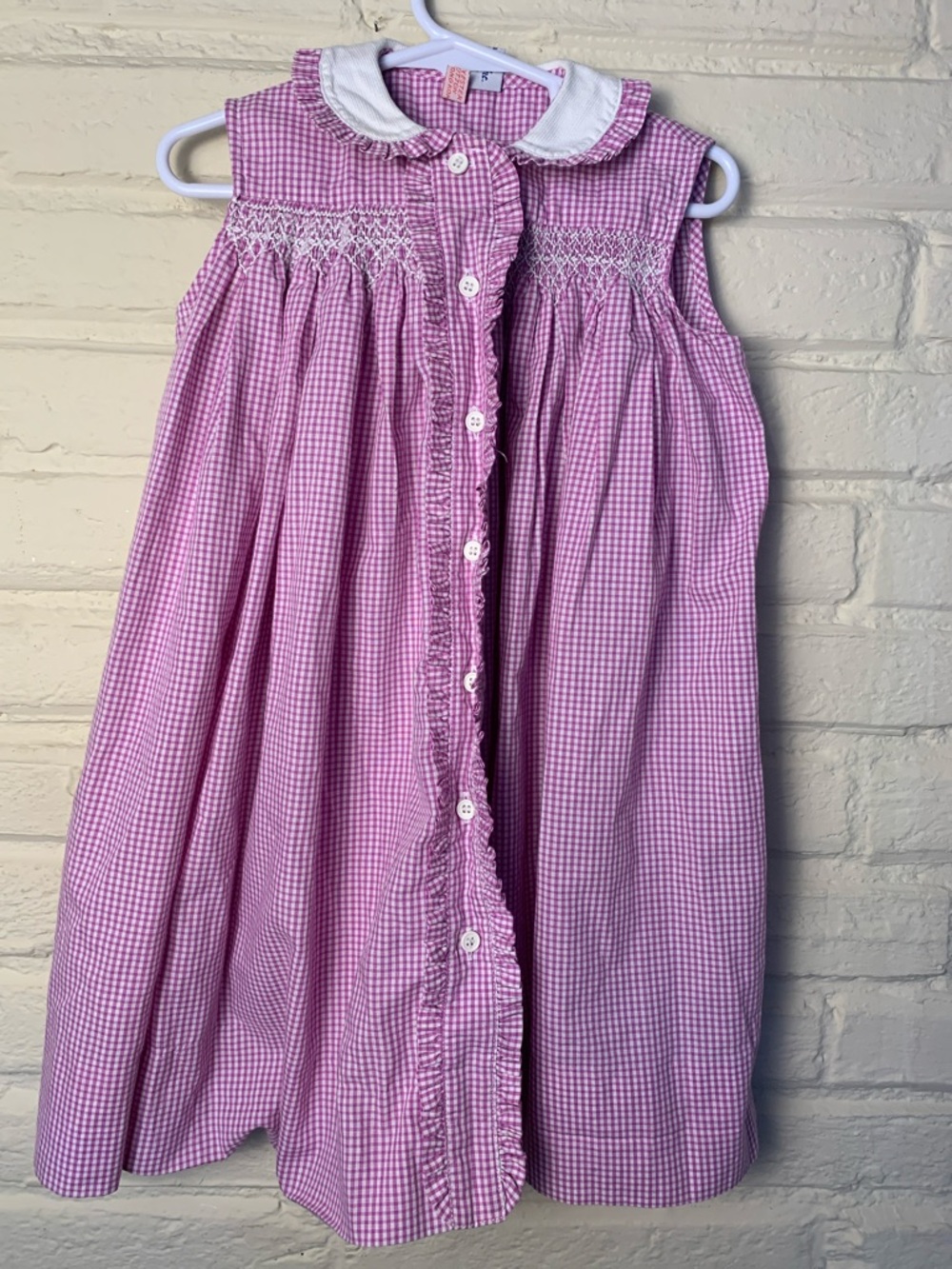 Girls Pink Gingham Smocked Button-Front Dress with Peter Pan Collar
